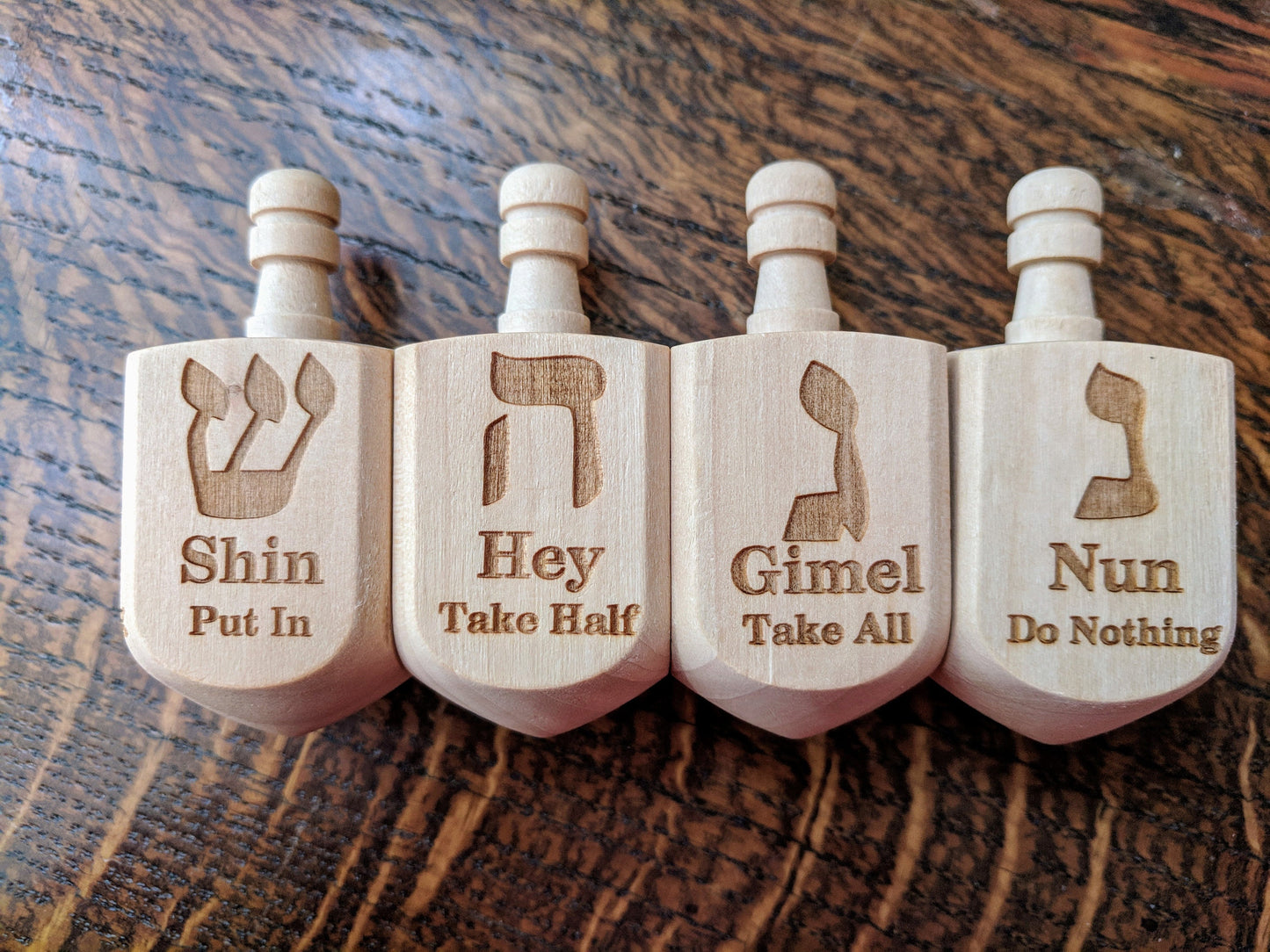 Wooden Dreidel Engraved with Hebrew and English Instructions