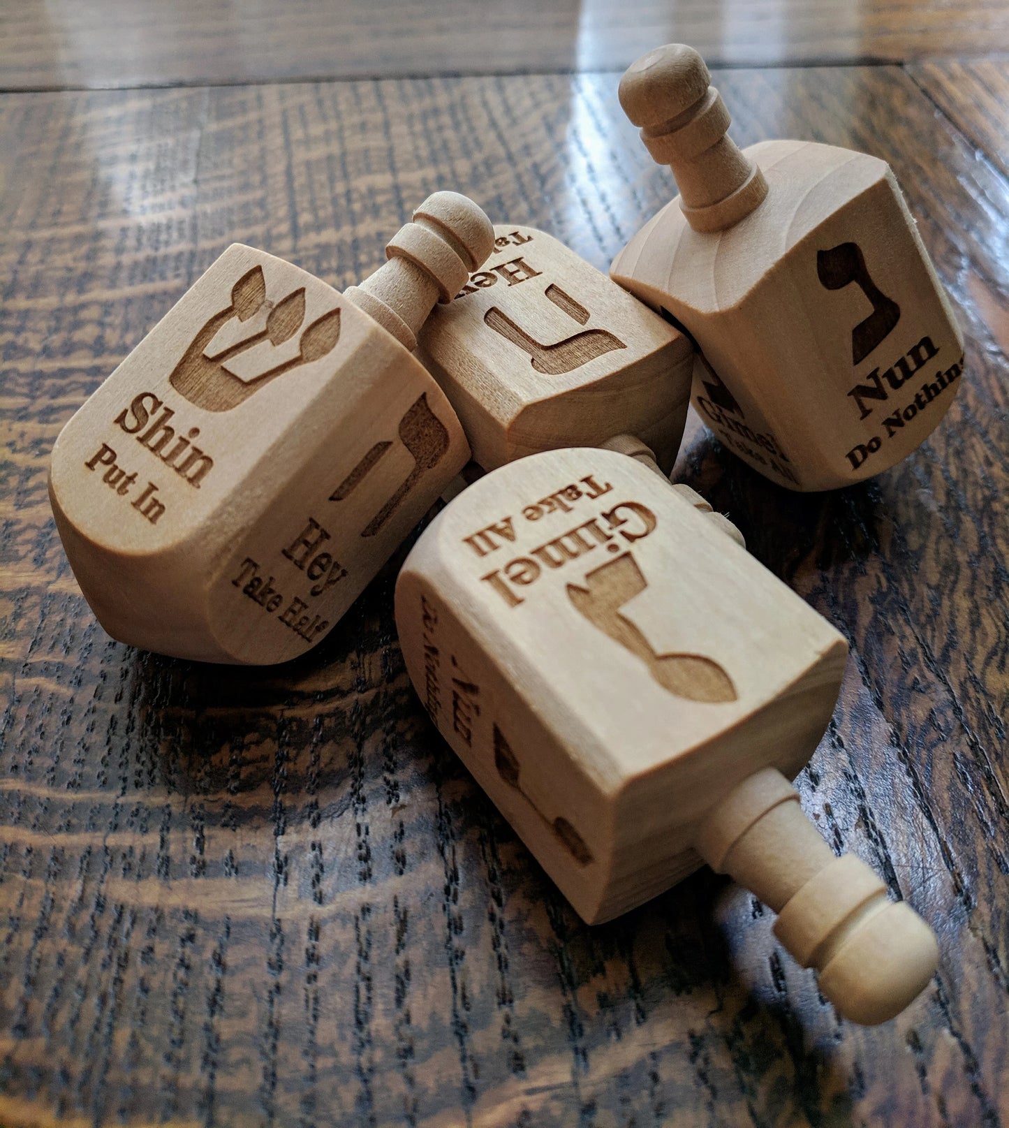 Wooden Dreidel with Hebrew and English Instructions
