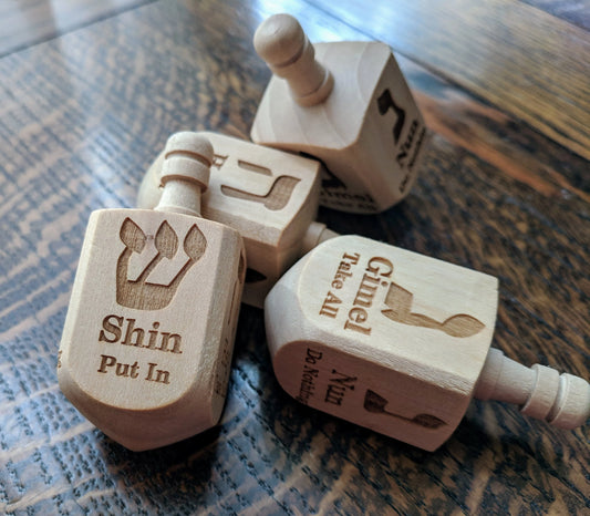 Wooden Dreidel with Hebrew and English Instructions