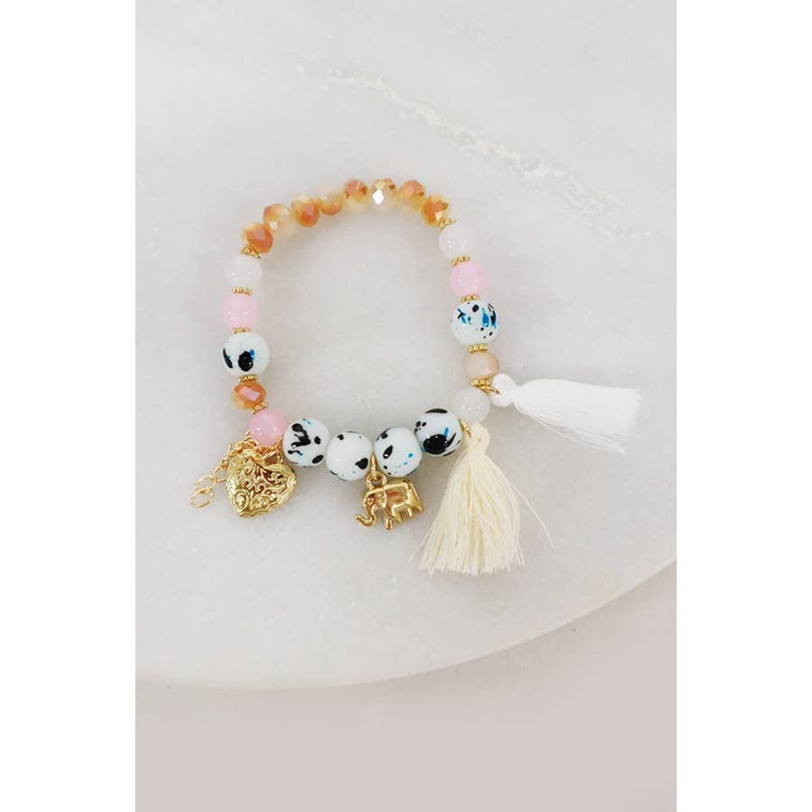 Elephant and Heart Charm Tassel Bracelet