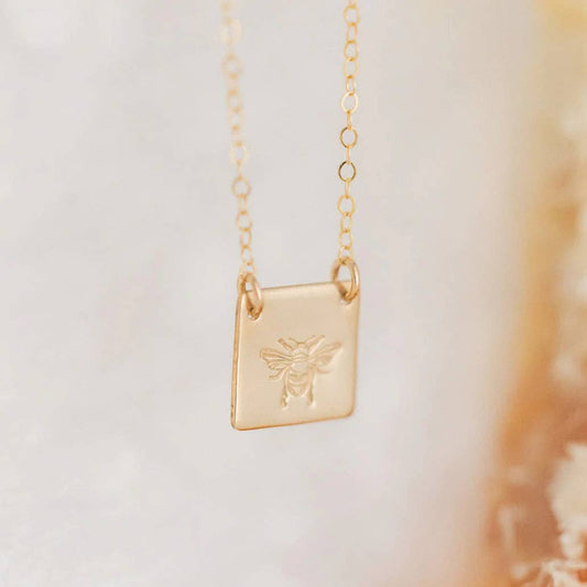 Honey Bee Square Necklace - Minimalist, Hypoallergenic